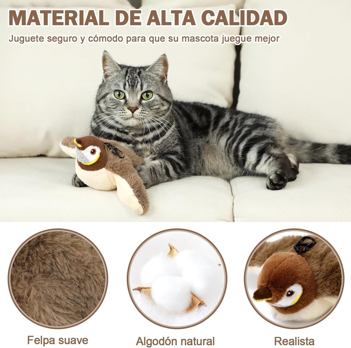 Juguete para gatos Pájaro Loco Interactivo fabricado con felpa suave de alta calidad, segura para morder y rasgar