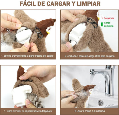 Juguete Pájaro Loco Interactivo para gatos con superficie de felpa fácil de limpiar y carga USB sin pilas
